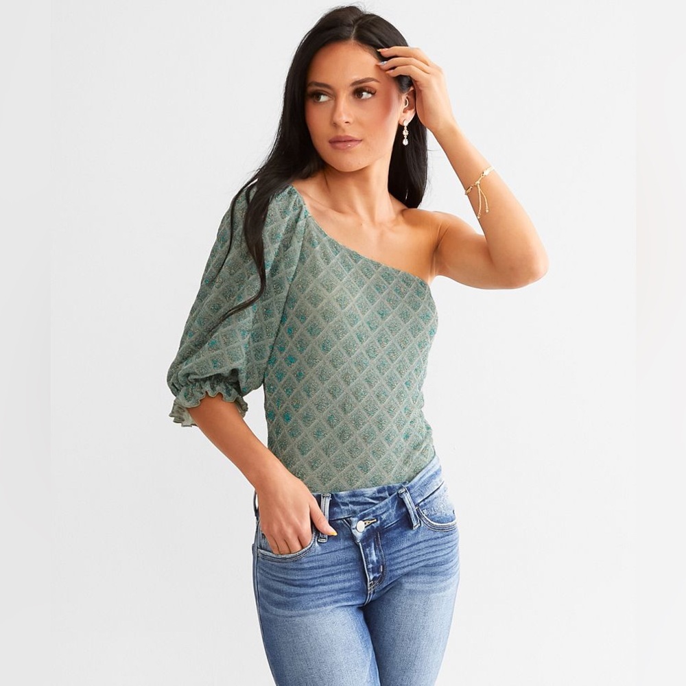 NWT Willow & Root Metallic Jacquard Top Green Size Small